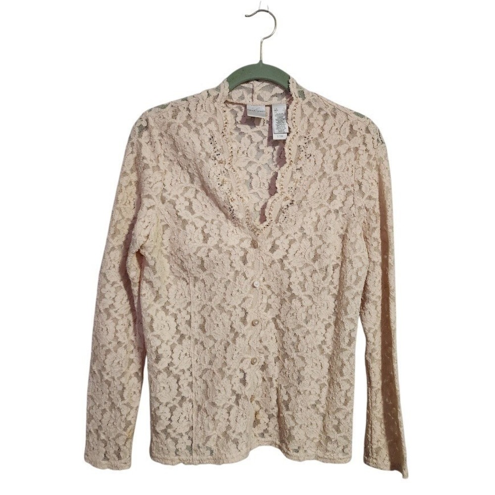 EMMA JAMES VTG Scalloped Lace Button‎ Front Cardigan Nude Sheer Beaded Y2K S